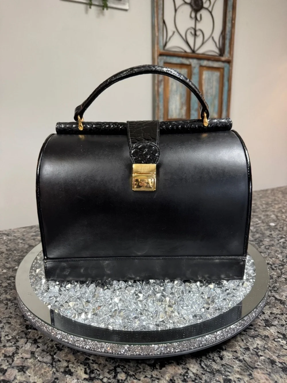 Black Structured Top-Handle Cosmetic Case with Gold Lock